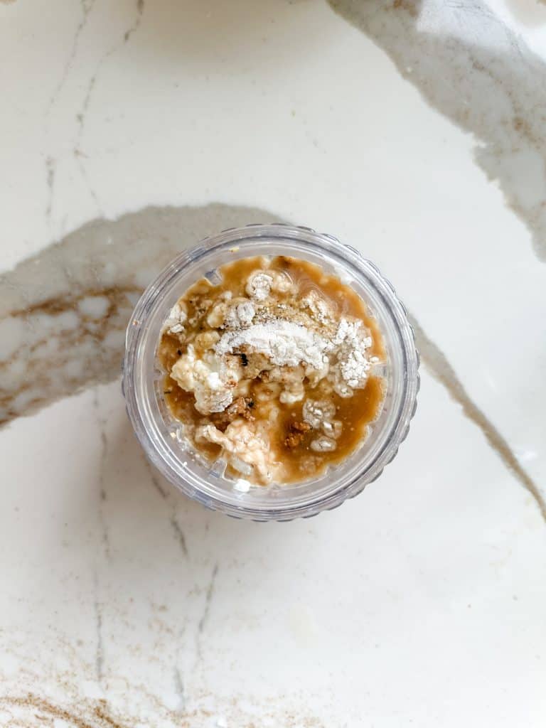 cottage cheese, flour, dijon mustard and liquid from the pot added to a blender 