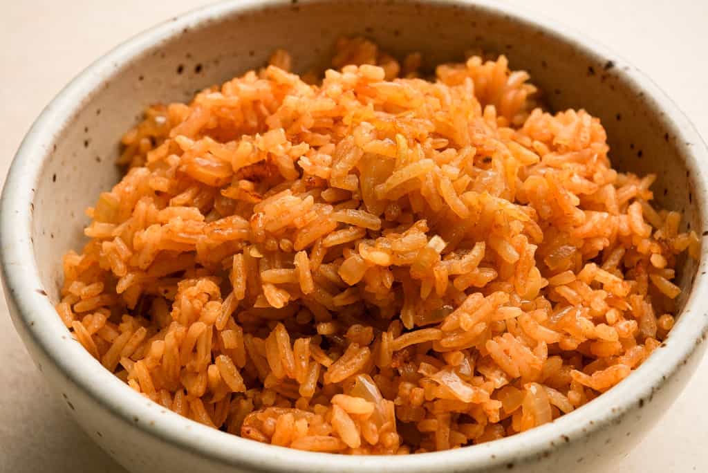 close up view of a bowl of fluffy Mexican rice