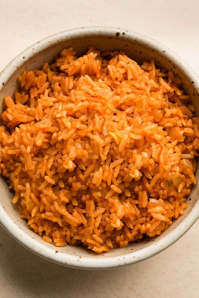 overhead view of a bowl of Mexican rice