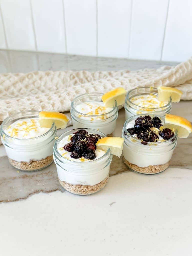 lemon and blueberry cheesecake jars in mini jars